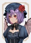  1girl 8901maru black_bow black_bowtie black_dress bow bowtie closed_mouth dress flower highres purple_hair red_eyes red_flower red_rose remilia_scarlet rose simple_background standing touhou 