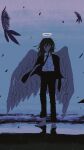  1boy amputee angel_devil_(chainsaw_man) angel_wings armless barefoot beach black_jacket black_necktie black_pants blue_sky blue_theme chainsaw_man collared_shirt dark double_amputee feathers floating_hair formal full_body halo highres jacket long_hair male_focus muted_color necktie pants sakutaro_(39ar_39ca) shirt sky solo suit white_shirt white_wings wings 
