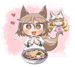  2girls animal_ears animal_print apron blonde_hair blush blush_stickers brown_eyes chopsticks closed_eyes closed_mouth dress food fox_ears fox_print fox_tail green_ribbon hair_between_eyes hat heart holding holding_chopsticks ko~n kudamaki_tsukasa light_brown_hair multiple_girls multiple_tails noodles open_mouth pillow_hat pink_apron ribbon rokugou_daisuke romper short_hair signature smile tabard tail touhou udon white_dress white_headwear white_romper yakumo_ran 