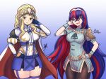  alear_(fire_emblem) alear_(fire_emblem)_(female) arm_behind_head arm_up armor black_neckerchief blonde_hair blue_eyes blue_gloves blue_hair bow bowtie braid breasts brown_eyes cape choker clair_(fire_emblem) cosplay costume_switch crown_braid fay_(2gou) fire_emblem fire_emblem_echoes:_shadows_of_valentia fire_emblem_engage gloves hand_on_hip heterochromia highres lace-trimmed_choker lace_trim long_hair looking_at_another looking_at_viewer medium_breasts multicolored_hair neckerchief pantyhose pelvic_curtain ponytail raydango red_cape red_eyes redhead skirt thick_thighs thigh-highs thigh_strap thighs tiara two-tone_hair v-shaped_eyebrows very_long_hair watermark white_bow white_bowtie white_cape wrist_guards 
