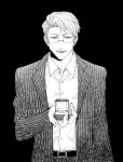  1boy 96gomaice belt box collared_shirt cowboy_shot formal glasses greyscale highres holding holding_box jewelry jujutsu_kaisen looking_at_viewer male_focus monochrome nanami_kento parted_lips pinstripe_pattern pinstripe_suit ring ring_box shirt short_hair solo standing striped suit 