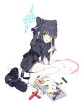  absurdres animal_ears black_dress black_hair blue_archive china_dress chinese_clothes crayon dress green_eyes halo highres shoes shoes_removed short_sleeves shun_(blue_archive) shun_(small)_(blue_archive) tiger_ears tiger_girl toombo12 two_side_up 
