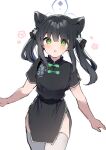  1girl :o animal_ear_fluff animal_ears bangs black_dress black_hair blue_archive bow dress green_bow green_eyes hair_between_eyes halo highres ikeuchi_tanuma long_hair looking_at_viewer parted_lips short_sleeves shun_(blue_archive) shun_(small)_(blue_archive) simple_background solo thigh-highs twintails white_background white_thighhighs 