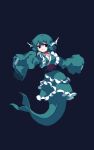  1girl 4qw5 black_background black_eyes blue_hair closed_mouth frilled_kimono frills full_body green_kimono head_fins highres japanese_clothes kimono long_sleeves looking_at_viewer mermaid monster_girl pixel_art short_hair simple_background solo touhou wakasagihime 