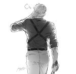  1boy ass back belt collared_shirt cowboy_shot from_behind greyscale hand_on_own_neck holding holding_weapon jujutsu_kaisen kay924026 male_focus monochrome nanami_kento pants shirt short_hair sleeves_rolled_up solo standing undercut weapon 