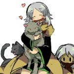  1other androgynous animal ascot black_sleeves blush brown_ascot brown_coat cat closed_eyes coat grey_eyes grey_hair holding holding_animal holding_cat houlen_yabusame houlen_yabusame_(slime) kuyako layered_sleeves len&#039;en long_sleeves multiple_cats open_mouth puffy_short_sleeves puffy_sleeves short_hair short_hair_with_long_locks short_over_long_sleeves short_sleeves shorts slime_(creature) smile solo wide_sleeves 