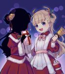  2girls antlers bangs bell black_hair black_skin blonde_hair blue_eyes blunt_bangs bow box christmas colored_skin dress emilico_(shadows_house) fur_trim gift gift_box hair_ornament holding jingle_bell kate_(shadows_house) long_hair long_sleeves looking_at_viewer multiple_girls open_mouth pan-chan_(shadows_house) pink_bow pocket red_dress reindeer_antlers santa_costume shadow_(shadows_house) shadows_house smile stuffed_animal stuffed_bird stuffed_toy twintails two_side_up upper_body wide_sleeves yomo_(yomooo1313) 