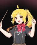 1girl :d absurdres ahoge band_shirt batsuru black_shirt blonde_hair bocchi_the_rock! bow bowtie braid brown_eyes brown_pants drumsticks highres holding holding_drumsticks ijichi_nijika long_hair looking_at_viewer merchandise open_mouth pants red_bow red_bowtie shirt short_sleeves side_ponytail smile solo suspenders sweat 