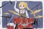  1girl :d ahoge artist_request bad_link blonde_hair bocchi_the_rock! border brown_dress collared_shirt detached_ahoge dot_nose dress drum hand_up highres holding ijichi_nijika instrument long_hair microphone microphone_stand music open_mouth pinafore_dress playing_instrument red_eyes shirt short_sleeves side_ponytail smile solo source_request white_border white_shirt wing_collar 
