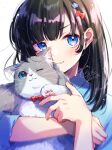  1girl :3 animal animal_ear_fluff animal_hands bangs black_hair blue_eyes blue_shirt bow cat cat_paws collar flower grey_cat hair_bow hair_flower hair_ornament highres holding holding_animal holding_cat light light_blush one_eye_closed original pink_nose piroshiki123 portrait red_bow red_collar shiny shiny_hair shirt signature simple_background sleeves_past_elbows striped striped_bow twitter_username upper_body whiskers white_background white_cat 