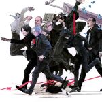  6+boys bald black_hair bug butterfly cat clenched_hand closed_eyes facial_hair formal glasses goatee hat highres hirasawa_susumu jumping kon_satoshi_(director) mask multiple_boys necktie real_life red_ribbon ribbon running shirt simple_background suit sword walking weapon white_hair 
