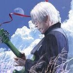  1boy closed_eyes clouds glasses guitar highres hirasawa_susumu holding holding_instrument instrument moon music plant playing_instrument real_life red_ribbon ribbon sky solo upper_body white_hair 