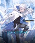  1boy black_shirt blue_eyes coat english_commentary fur-trimmed_coat fur_trim grey_pants grimlight ice jack_frost_(grimlight) long_sleeves looking_at_viewer male_focus official_art open_mouth pants shirt smile solo white_coat white_hair 
