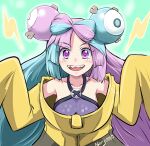 1girl bow-shaped_hair character_hair_ornament hair_ornament hexagon_print iono_(pokemon) jacket long_hair low-tied_long_hair multicolored_hair oversized_clothes pokemon pokemon_(game) pokemon_sv ryp sharp_teeth sleeves_past_fingers sleeves_past_wrists solo split-color_hair teeth twintails very_long_sleeves x yellow_jacket