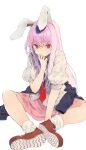  1girl animal_ears bangs blazer_removed closed_mouth commentary_request full_body hand_up highres knees_apart_feet_together long_hair looking_at_viewer mieharu necktie pink_hair pink_skirt puffy_short_sleeves puffy_sleeves rabbit_ears rabbit_girl red_eyes red_footwear red_necktie reisen_udongein_inaba revision shirt shoe_soles shoes short_sleeves simple_background sitting skirt socks solo touhou very_long_hair white_background white_shirt white_socks 