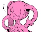  1girl bare_shoulders breasts closed_eyes commentary detached_collar detached_sleeves eighth_note hair_over_one_eye leviathan_(skullgirls) medium_breasts medium_hair monochrome musical_note open_mouth pink_theme sheep_(ss-she-ep) side_ponytail simple_background skull skullgirls smile solo squigly_(skullgirls) teeth upper_teeth white_background 