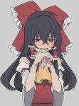  1girl absurdres ascot bangs black_hair chinese_commentary commentary_request crossed_bangs crying crying_with_eyes_open detached_sleeves frilled_hair_tubes frilled_ribbon frills grey_background hair_between_eyes hair_ribbon hair_tubes hakurei_reimu highres long_hair neetsha open_mouth red_eyes red_ribbon red_shirt ribbon shirt simple_background sleeveless sleeveless_shirt solo tears touhou upper_body white_sleeves yellow_ascot 