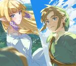  1boy 1girl artist_name bangs blonde_hair blue_eyes blue_sky blunt_bangs blurry blurry_foreground blush breasts brown_hair closed_mouth clouds cloudy_sky commentary day dress earrings english_commentary floating_hair green_headwear green_tunic hair_ribbon hat highres jewelry link long_dress long_hair long_sleeves looking_at_viewer medium_breasts outdoors parted_lips pointy_ears pointy_hat pra_11 princess_zelda purple_ribbon ribbon sailor_collar shirt short_hair shoulder_belt sidelocks signature sky smile the_legend_of_zelda the_legend_of_zelda:_skyward_sword tunic upper_body violet_eyes white_dress white_shirt 