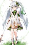  1girl :o absurdres angel_wings blush commentary_request dress genshin_impact grass green_eyes green_hair grey_hair halo highres holding holding_staff legs long_hair looking_at_viewer multicolored_hair nahida_(genshin_impact) shi_zhuzi_da side_ponytail simple_background solo staff standing two-tone_hair white_background white_dress white_footwear wings 