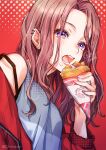  1girl blue_shirt brown_hair crepe ear_piercing earrings food food_on_face highres holding holding_food jewelry long_hair long_sleeves looking_at_viewer open_mouth original piercing piroshiki123 red_background shiny shiny_hair shirt sleeveless sleeveless_shirt solo sparkle straight_hair strap_slip twitter_username upper_body violet_eyes 