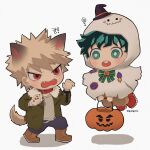  2boys ? bakugou_katsuki blonde_hair boku_no_hero_academia boots bow bright_pupils brown_footwear brown_pants bucket chibi claws collar commentary_request fangs floating freckles full_body fur-trimmed_jacket fur_trim gaagyeo ghost_costume green_bow green_eyes green_hair green_jacket halloween halloween_bucket halloween_costume highres holding holding_bucket hood hood_up jacket kemonomimi_mode korean_commentary long_sleeves looking_at_another male_focus midoriya_izuku multiple_boys open_clothes open_jacket open_mouth pants red_collar red_eyes shirt shoes short_hair simple_background spiky_hair standing tail twitter_username white_background white_pupils white_shirt wolf wolf_boy wolf_tail 