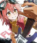  1girl absurdres breasts copyright_name electric_guitar flcl gloves goggles goggles_on_head guitar haruhara_haruko highres holding holding_instrument instrument messy_hair pink_hair red_vest seeshin_see smile sweater vest yellow_eyes 