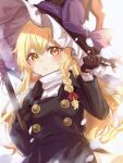  1girl adapted_costume backlighting bangs blonde_hair bloom blurry blush bow braid broom buttons cowboy_shot depth_of_field flat_chest frills from_below gloves hair_between_eyes hand_up hat hat_bow highres holding holding_broom kirisame_marisa light_smile long_hair long_sleeves looking_at_viewer parted_lips purple_bow simple_background solo teeth touhou turtleneck very_long_hair white_background witch_hat yellow_eyes yomogi_9392 