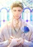  1boy alternate_eye_color blonde_hair blue_eyes blue_flower blue_rose collared_shirt flower formal jewelry jin_akhr jujutsu_kaisen long_sleeves looking_at_viewer male_focus nanami_kento necktie ring rose shirt smile solo stained_glass suit wedding_ring white_shirt white_suit yellow_necktie 
