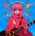  1girl artist_request bad_link bangs blue_background blue_eyes bocchi_the_rock! electric_guitar embarrassed gotou_hitori guitar highres holding holding_instrument instrument jacket long_hair long_sleeves looking_at_viewer open_mouth pink_hair pink_jacket plectrum pointing pointing_at_self signature solo source_request sweat sweating_profusely track_jacket upper_body very_long_hair 
