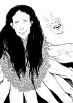  1other black_hair chainsaw_man disembodied_limb extra_arms facing_viewer flower fujou_joshi ghost_devil_(chainsaw_man) greyscale hand_mouth hand_up long_hair monochrome simple_background smile solo stitched_eye stitched_face stitched_mouth stitches v white_background 