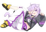  1girl animal_collar animal_ears black_hoodie breasts cat_ears cat_girl cat_tail collar fang full_body hololive hood hooded_sweater hoodie kanzaki_hiro medium_breasts navel nekomata_okayu one_eye_closed open_mouth pants purple_hair shoes sleeves_past_wrists smile sneakers solo sweater sweatpants tail violet_eyes virtual_youtuber 