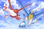  :d claws closed_mouth clouds commentary_request dated day flying highres latias latios no_humans open_mouth outdoors pikachu pokemon pokemon_(creature) red_eyes riding riding_pokemon shina_ppp sky smile tongue yellow_eyes 
