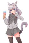  1girl :3 :p absurdres animal_ears avatar_(ff14) black_thighhighs blue_eyes cat_ears cat_girl cat_tail facial_mark final_fantasy final_fantasy_xiv flower food grey_hair grey_scarf grey_skirt grey_sweater hair_flower hair_ornament hand_on_own_cheek hand_on_own_face highres ice_cream ice_cream_cone long_sleeves looking_at_viewer medium_hair miniskirt miqo&#039;te multicolored_hair pink_hair ponytail scarf simple_background skirt streaked_hair sweater tail tenko_(tenkokon) thigh-highs tongue tongue_out two-tone_hair whisker_markings white_background zettai_ryouiki 