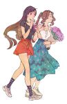  2girls aerith_gainsborough alternate_costume aqua_skirt backpack bag bangs black_hair black_shirt bouquet bracelet braid braided_ponytail breasts brown_hair cup drinking drinking_straw earrings final_fantasy final_fantasy_vii final_fantasy_vii_remake floral_print flower full_body green_eyes hair_tie highres holding holding_bouquet holding_cup jewelry lanimalu locked_arms long_bangs long_hair long_skirt looking_to_the_side low-tied_long_hair medium_breasts miniskirt multiple_girls necklace parted_bangs parted_lips print_skirt purple_flower red_eyes red_skirt shirt shoes short_sleeves skirt sleeveless sleeveless_shirt smile sneakers spilling swept_bangs teeth tifa_lockhart walking watch watch wavy_hair white_background white_shirt 