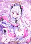  1girl absurdres animal_ears bear_ears bow bowtie breasts commentary crown detached_sleeves dress fangs frills highres indie_virtual_youtuber kumomo_36 long_hair looking_at_viewer pink_dress pink_eyes purple_bow shirokuma_rin sleeves_past_fingers sleeves_past_wrists smile solo stuffed_animal stuffed_toy teddy_bear white_hair 