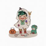  &gt;_&lt; 1boy all_might animal animalization arm_up blush boku_no_hero_academia bow brown_pants candy chibi closed_eyes clothed_animal commentary_request food foodification freckles full_body gaagyeo ghost_costume green_bow green_hair halloween halloween_bucket halloween_costume highres holding holding_candy holding_food hood hood_up korean_commentary lollipop long_sleeves male_focus midoriya_izuku open_mouth pants red_footwear sheep shoes short_hair simple_background smile solo standing white_background 