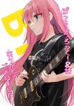  1girl black_shirt blue_eyes bocchi_the_rock! closed_mouth clothes_writing electric_guitar gotou_hitori guitar highres holding holding_instrument instrument kagamimochi_(hayamichi1117) long_hair looking_away pink_hair shirt short_sleeves simple_background sweat t-shirt translation_request white_background 