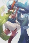  absurdres aqua_eyes commentary_request crown dancing eye_contact from_side highres holding_hands looking_at_another mini_crown parted_lips pokemon pokemon_(creature) quaquaval red_eyes signature tra65004535 tsareena white_background 