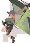  1girl bangs bike_shorts black_shorts blush bomber_jacket boots border brella_(splatoon) brown_footwear cabbie_hat commentary_request fa-01_jacket_(splatoon) from_side fu-ta full_body green_jacket grey_background hat highres holding holding_weapon house-tag_denim_cap_(splatoon) inkling inkling_girl jacket long_hair long_sleeves looking_away looking_to_the_side orange_eyes orange_hair outside_border parted_lips shorts simple_background solo splatoon_(series) splatoon_2 tan_work_boots_(splatoon) tenta_brella_(splatoon) umbrella weapon white_border 