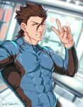  1boy abs artist_name biceps blurry blurry_background bodysuit brown_hair diarmuid_ua_duibhne_(lancer)_(fate) dumbbell fate/zero fate_(series) feet_out_of_frame gym gym_uniform highres long_hair looking_at_viewer male_focus manly mature_male muscular muscular_male pectorals smile solo spiky_hair sweat sweatdrop teeth tight twitter_username upper_body v yaekaidou yellow_eyes 