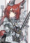  1girl absurdres animal_ears arknights armor brown_hair closed_mouth ear_covers flametail_(arknights) gauntlets highres holding holding_sword holding_weapon long_hair ponytail redhead semi_colon shoulder_armor smile solo squirrel_ears sword upper_body weapon 