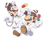  2boys antenna_hair blue_eyes brothers brown_footwear brown_hair closed_mouth coat doctor dr._luigi dr._luigi_(game) dr._mario dr._mario_(game) facial_hair gloves hand_up head_mirror headband hoshikuzu_pan labcoat lapels looking_at_viewer luigi male_focus mario multiple_boys mustache one_eye_closed open_mouth pants pill pocket shoes short_hair siblings simple_background smile stethoscope super_mario_bros. teeth upper_teeth white_background white_coat white_gloves white_pants 