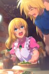  1boy 1girl apron blonde_hair blue_eyes brother_and_sister dress echo_(circa) egg food gloves lilith_aileron long_hair open_mouth ponytail siblings stahn_aileron tales_of_(series) tales_of_destiny 