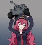  1girl absurdres black_headwear black_shirt blue_archive collared_shirt gradient gradient_background grey_eyes grin ground_vehicle hat highres iroha_(blue_archive) lifting_vehicle long_hair long_sleeves looking_at_viewer military military_vehicle motor_vehicle necktie peaked_cap red_necktie redhead shirt smile solo tank upper_body xandier59 