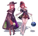  2girls absurdres alternate_costume bare_legs barefoot black_choker black_dress black_footwear black_headwear black_shirt breasts chain choker closed_mouth clothes_writing commentary_request dress earth_(ornament) fedora flower frilled_skirt frills gold_chain hat hat_flower hecatia_lapislazuli high_heels highres medium_breasts moon_(ornament) multicolored_clothes multicolored_skirt multiple_girls off-shoulder_shirt off_shoulder open_mouth plaid plaid_skirt polos_crown red_eyes red_lips redhead shirt shouxishao_jiuyuan simple_background skirt skull_print t-shirt touhou white_background 