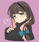  1girl alternate_costume alternate_hairstyle black_hair black_sweater colored_inner_hair commentary_request cropped_torso fang hair_over_shoulder heart highres kantai_collection long_hair macbail multicolored_hair naganami_(kancolle) naganami_kai_ni_(kancolle) pink_hair purple_background simple_background solo sweater thick_eyebrows turtleneck turtleneck_sweater two-tone_hair violet_eyes 