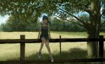  1girl artist_name black_hair dead-robot fence field green_eyes looking_at_viewer original outdoors overall_shorts overalls ponytail scenery sitting solo tan tree 