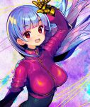  1girl :d bangs blue_hair blush bodysuit breasts cropped_jacket gloves jacket kula_diamond large_breasts long_hair long_sleeves looking_at_viewer multicolored_hair onono_imoko open_mouth pink_hair red_eyes smile solo the_king_of_fighters upper_body zipper 