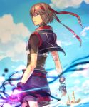  1boy androgynous belt black_gloves black_shirt black_shorts blue_eyes blue_sky bob_cut brown_hair clouds cloudy_sky cowboy_shot cropped_vest fingerless_gloves from_behind gensou_suikoden gensou_suikoden_iv gloves hair_between_eyes headband ichiko_milk_tei lazlo_(gensou_suikoden) looking_at_viewer looking_back male_focus ocean outdoors parted_lips red_belt red_headband ship shirt short_hair short_sleeves shorts sky solo tight tight_shirt turtleneck vest watercraft 