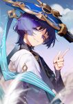  1boy absurdres blue_eyes blue_sky blunt_ends blurry blurry_foreground clouds commentary genshin_impact hand_up hat highres indai_(3330425) jingasa looking_at_viewer looking_back male_focus outdoors pointing pointing_up purple_hair scaramouche_(genshin_impact) shirt short_hair sky smile solo upper_body vision_(genshin_impact) wanderer_(genshin_impact) wheat white_shirt 